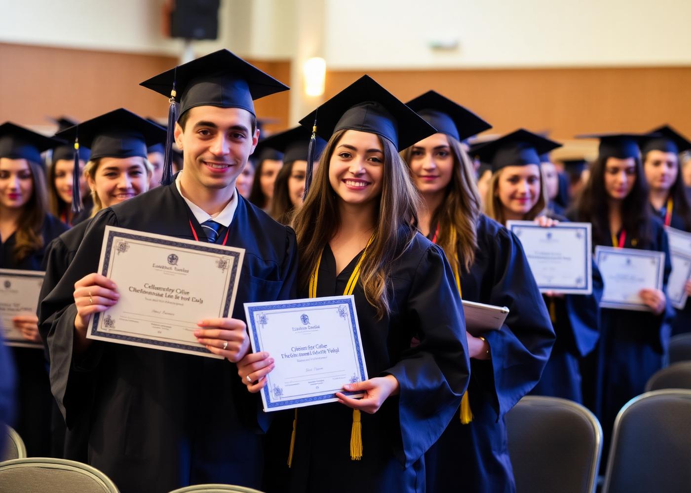 Graduates holding certificates at a graduation ceremony